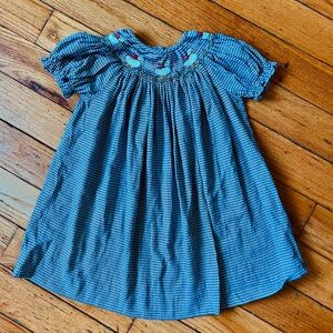Blue Checkered Smocked Dress with Embroidered Details